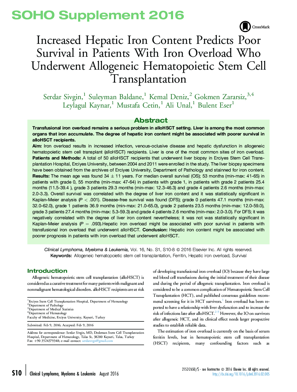 Increased Hepatic Iron Content Predicts Poor Survival in Patients With Iron Overload Who Underwent Allogeneic Hematopoietic Stem Cell Transplantation