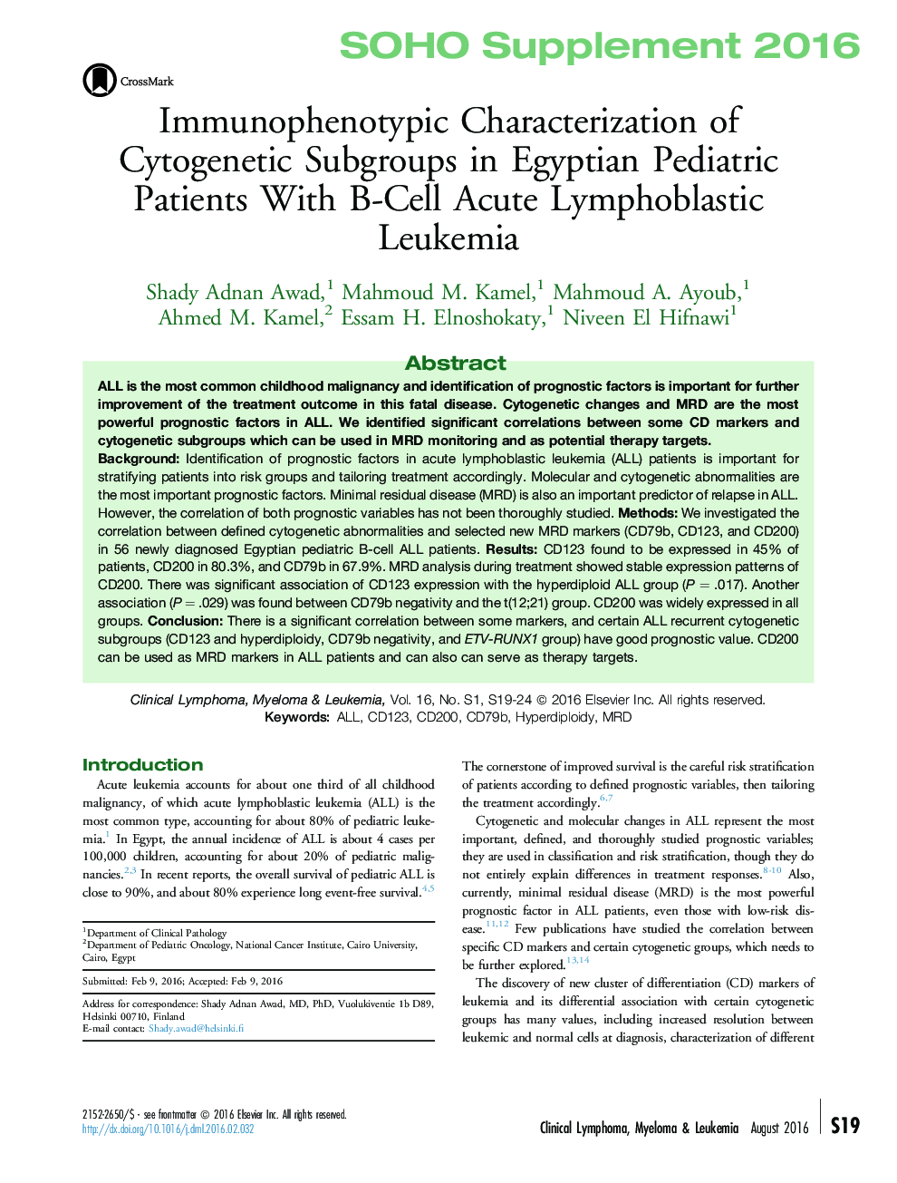 Immunophenotypic Characterization of Cytogenetic Subgroups in Egyptian Pediatric Patients With B-Cell Acute Lymphoblastic Leukemia