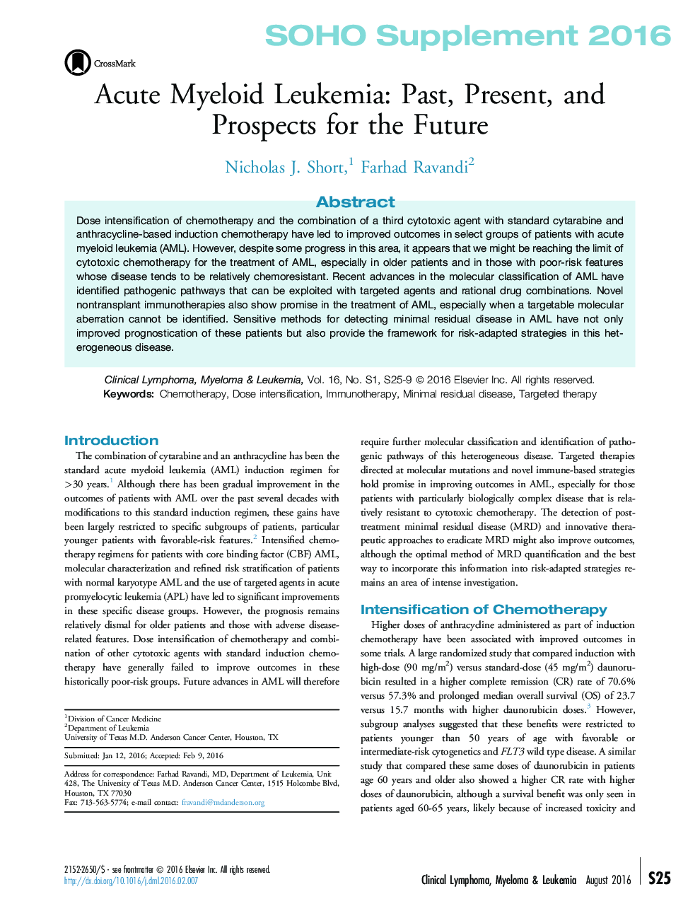 Acute Myeloid Leukemia: Past, Present, and Prospects for the Future