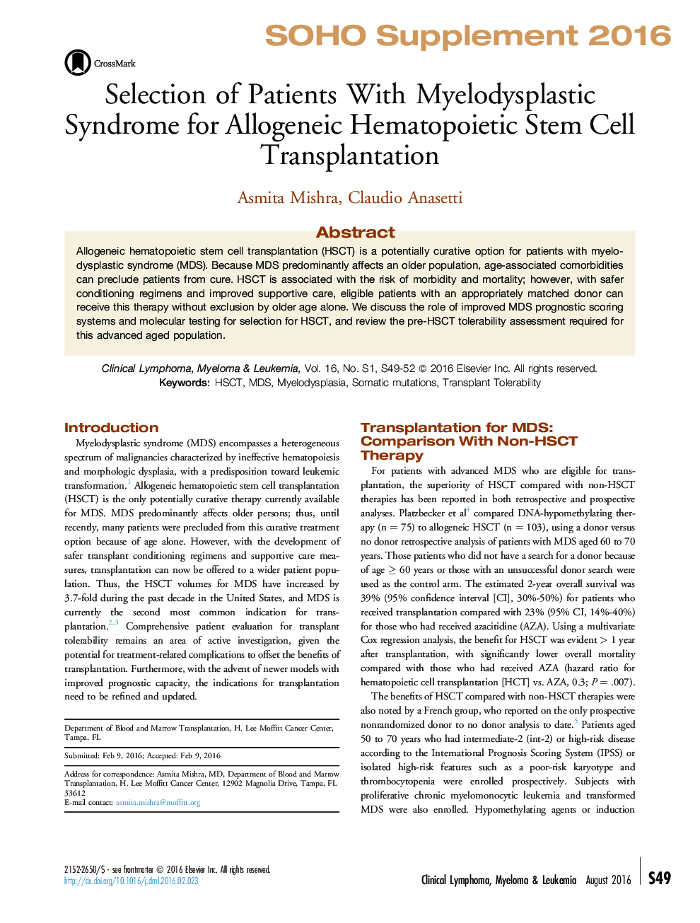 Selection of Patients With Myelodysplastic Syndrome for Allogeneic Hematopoietic Stem Cell Transplantation