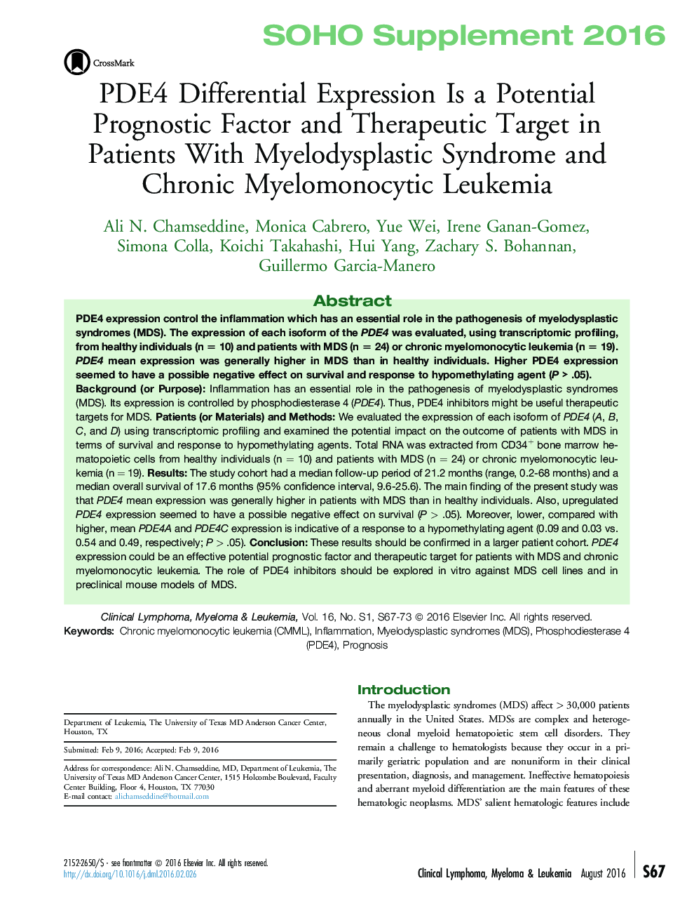 PDE4 Differential Expression Is a Potential Prognostic Factor and Therapeutic Target in Patients With Myelodysplastic Syndrome and Chronic Myelomonocytic Leukemia