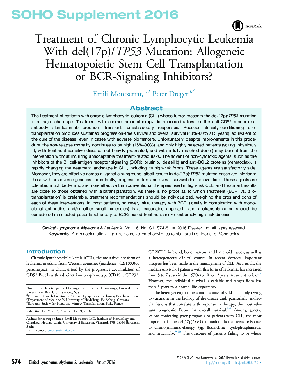 Treatment of Chronic Lymphocytic Leukemia With del(17p)/TP53 Mutation: Allogeneic Hematopoietic Stem Cell Transplantation or BCR-Signaling Inhibitors?