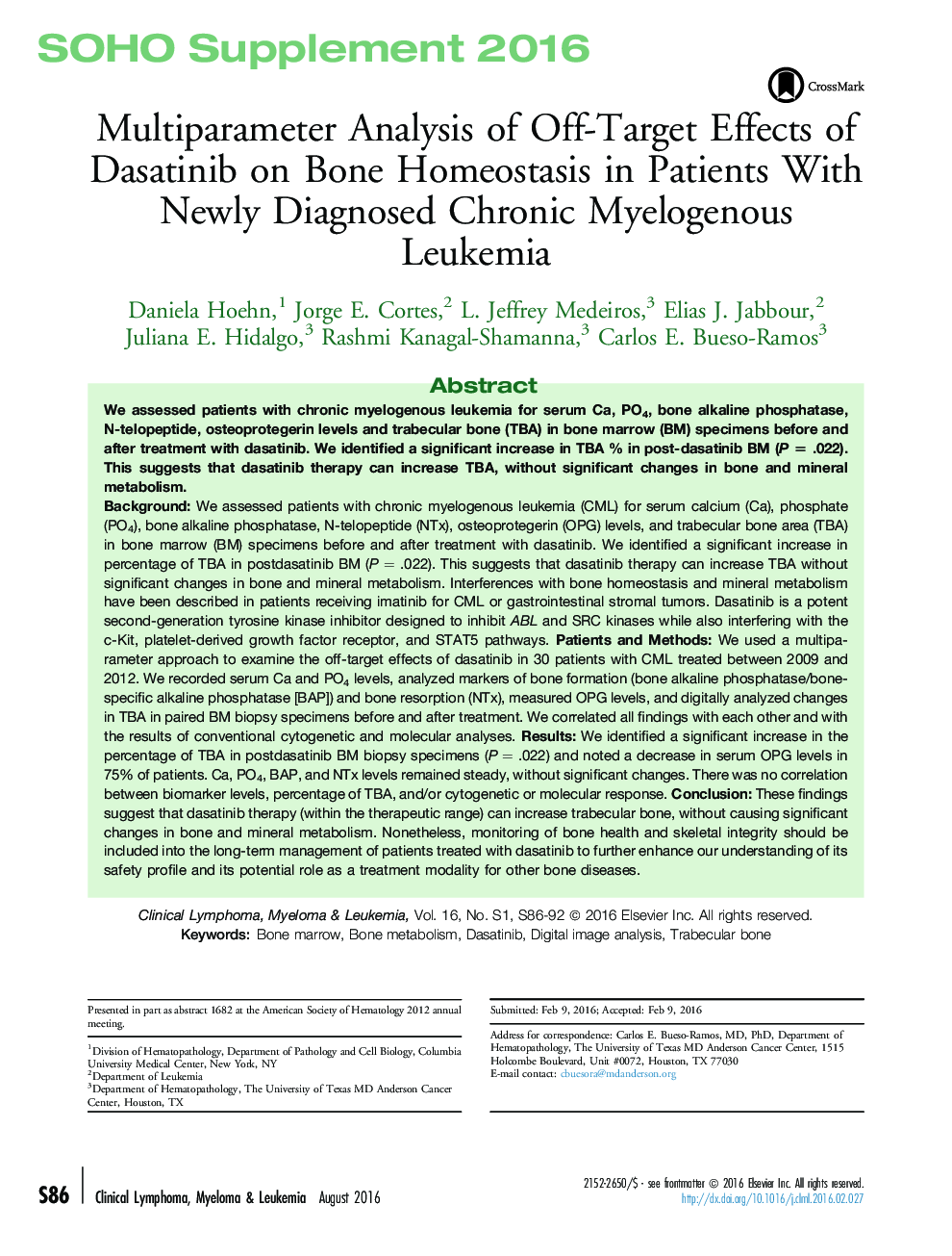 Multiparameter Analysis of Off-Target Effects of Dasatinib on Bone Homeostasis in Patients With Newly Diagnosed Chronic Myelogenous Leukemia