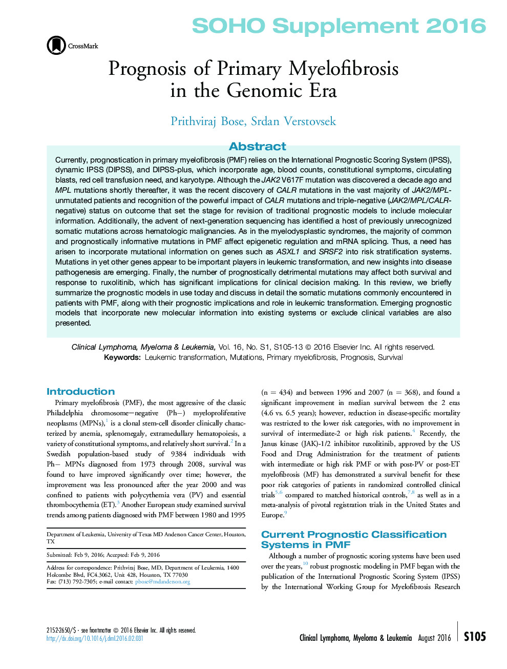 Prognosis of Primary Myelofibrosis in the Genomic Era