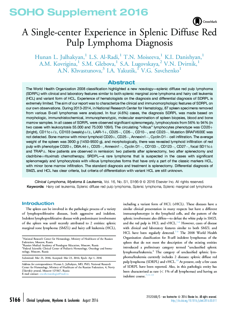 A Single-center Experience in Splenic Diffuse Red Pulp Lymphoma Diagnosis