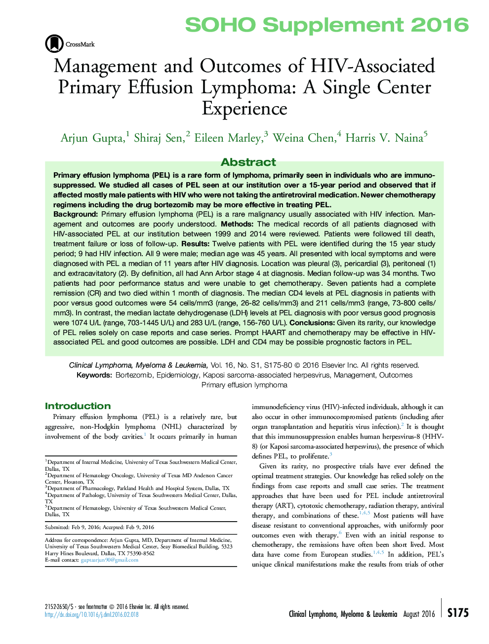 Management and Outcomes of HIV-Associated Primary Effusion Lymphoma: A Single Center Experience