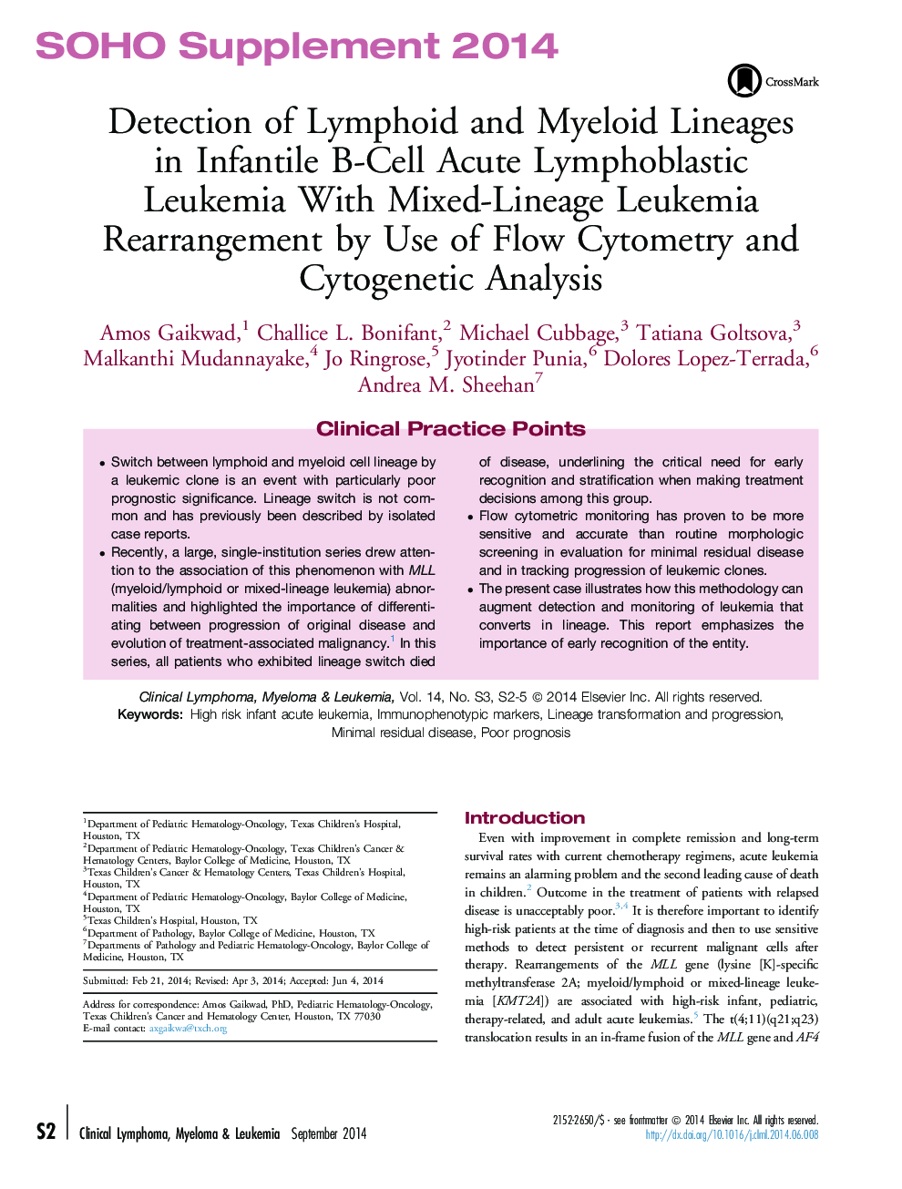 Detection of Lymphoid and Myeloid Lineages inÂ Infantile B-Cell Acute Lymphoblastic LeukemiaÂ With Mixed-Lineage Leukemia Rearrangement by Use of Flow Cytometry and Cytogenetic Analysis