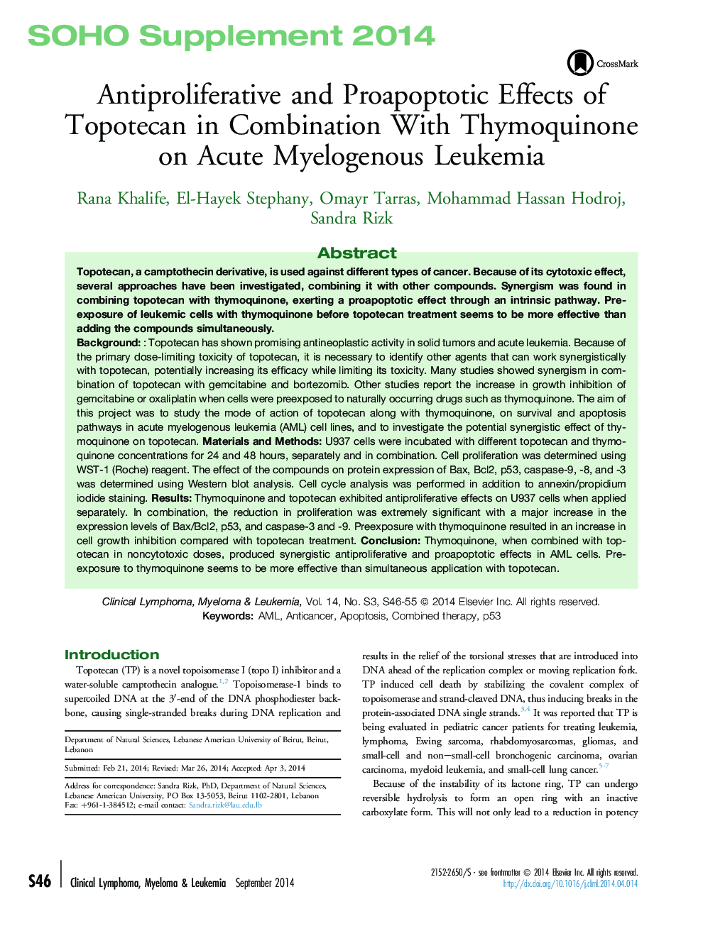 Antiproliferative and Proapoptotic Effects of Topotecan in Combination With Thymoquinone on Acute Myelogenous Leukemia