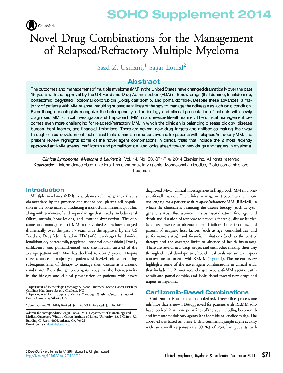 Novel Drug Combinations for the Management of Relapsed/Refractory Multiple Myeloma