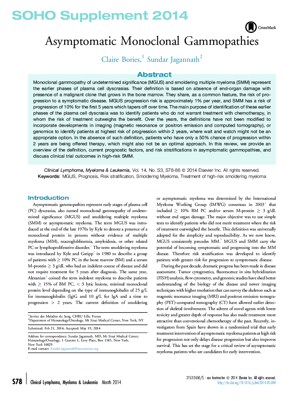 Asymptomatic Monoclonal Gammopathies