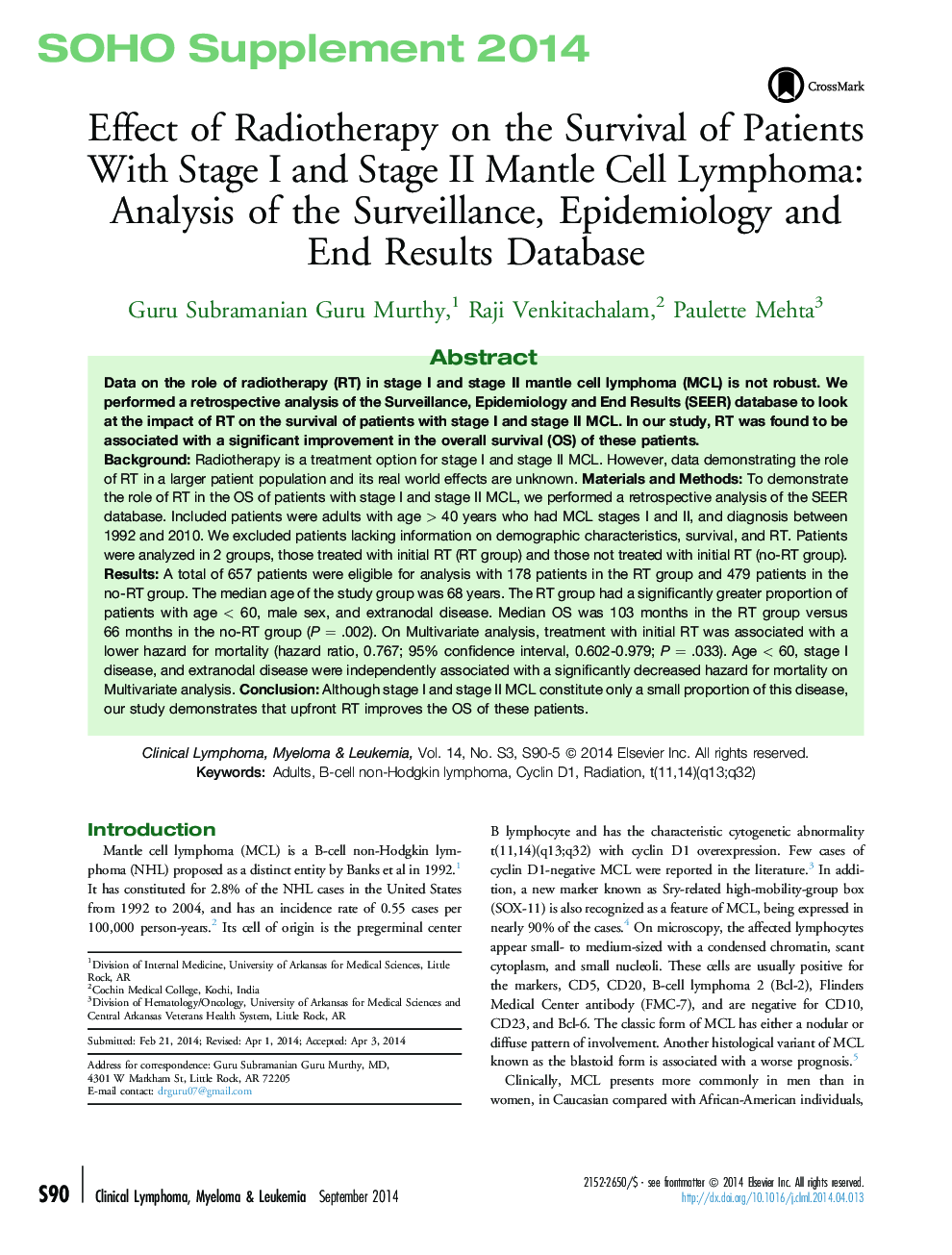 Effect of Radiotherapy on the Survival of Patients With Stage I and Stage II Mantle Cell Lymphoma: Analysis of the Surveillance, Epidemiology and End Results Database