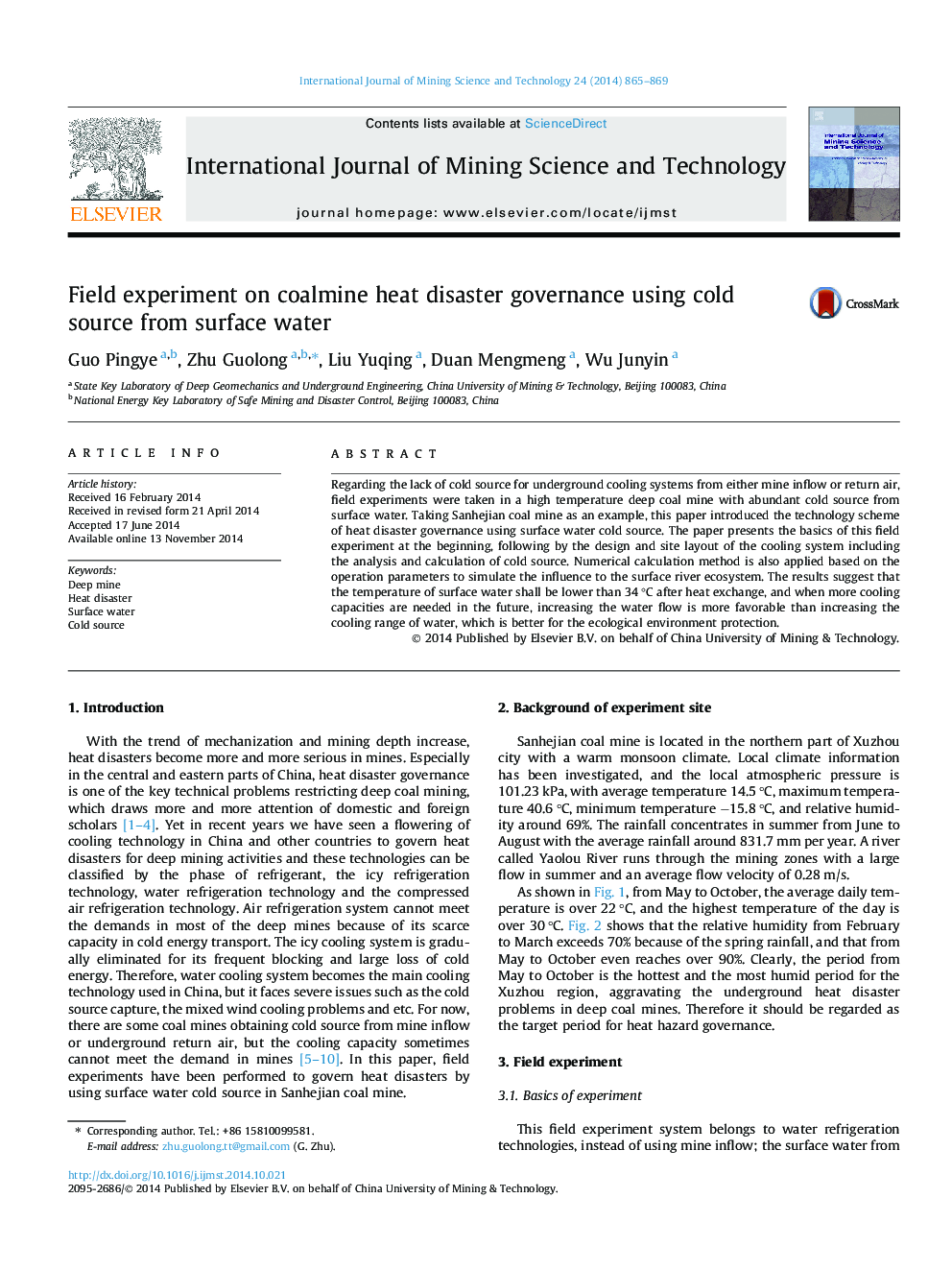 Field experiment on coalmine heat disaster governance using cold source from surface water