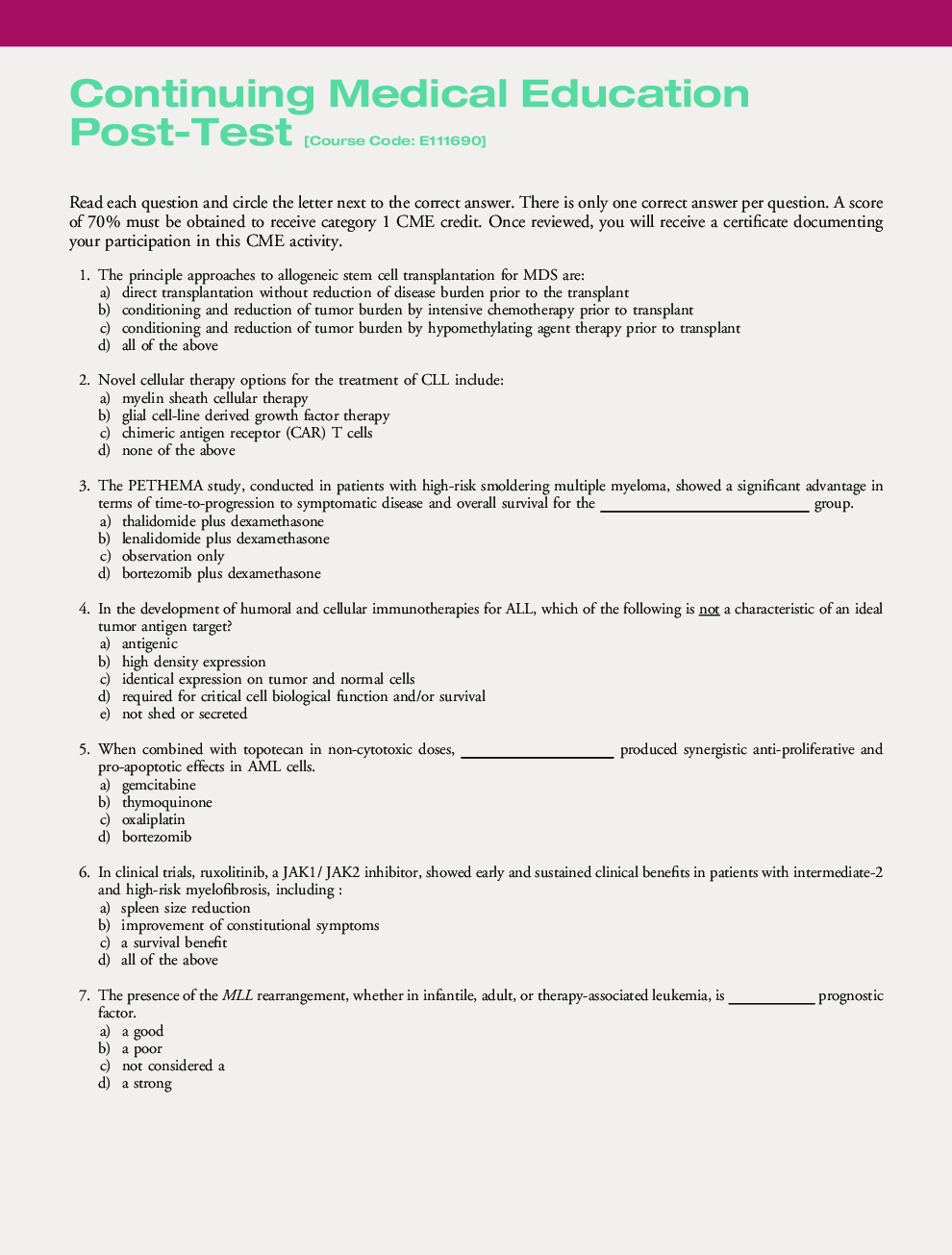 Continuing Medical Education Post-Test [Course Code: E111690]