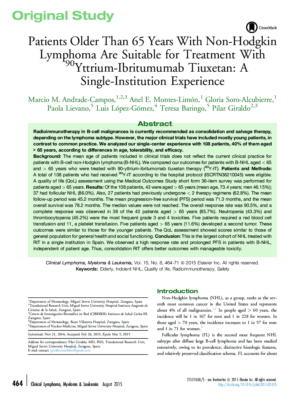 Patients Older Than 65 Years With Non-Hodgkin Lymphoma Are Suitable for Treatment With 90Yttrium-Ibritumumab Tiuxetan: A Single-Institution Experience