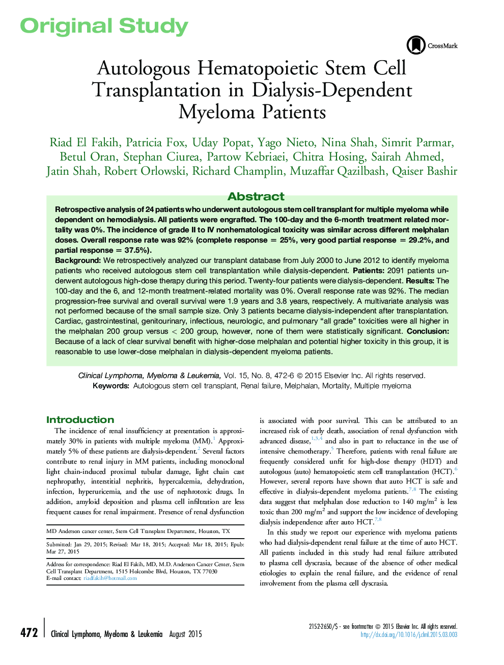 Autologous Hematopoietic Stem Cell Transplantation in Dialysis-Dependent Myeloma Patients