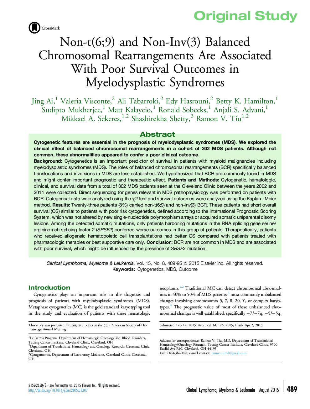 Non-t(6;9) and Non-Inv(3) Balanced Chromosomal Rearrangements Are Associated With Poor Survival Outcomes in Myelodysplastic Syndromes