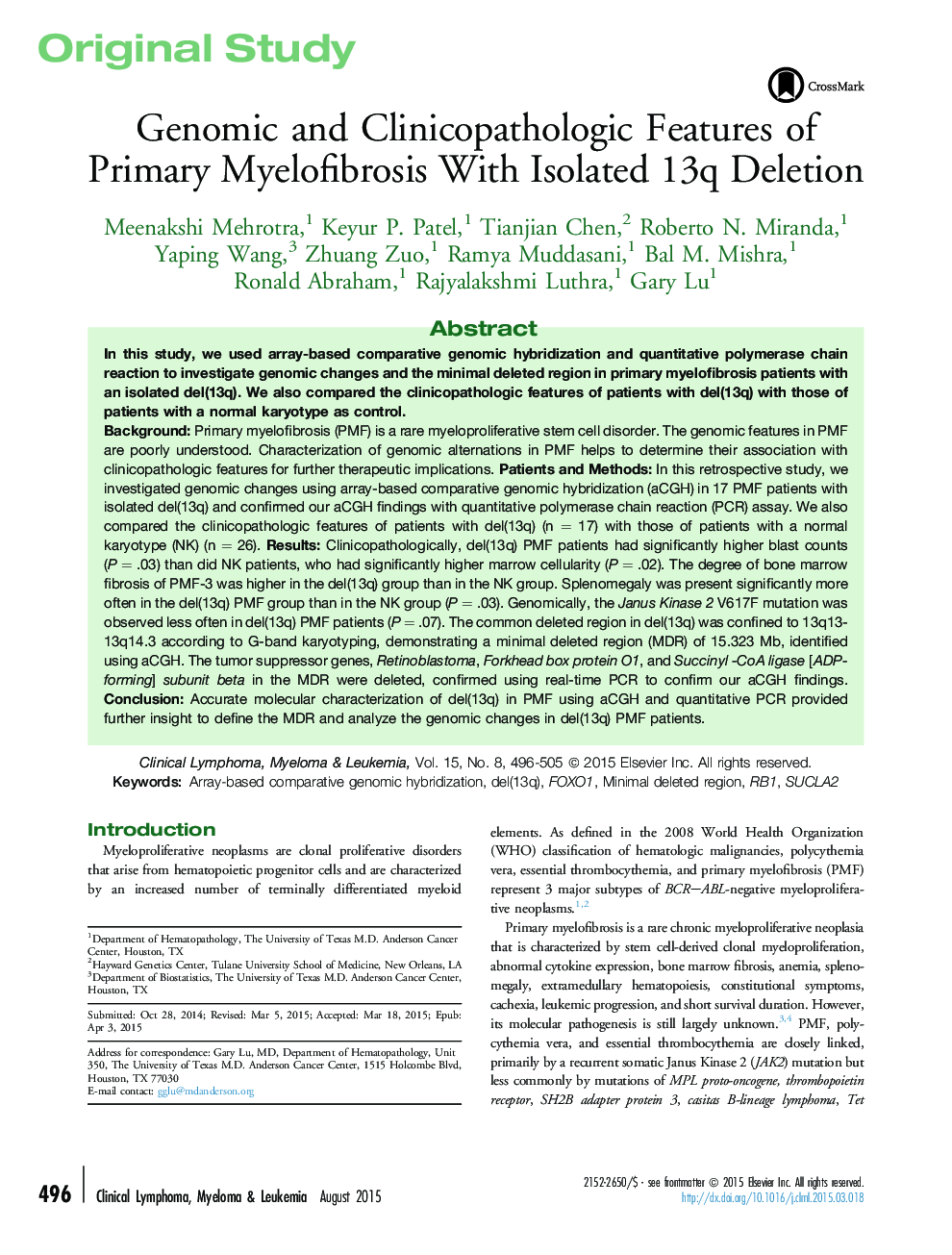 Genomic and Clinicopathologic Features of Primary Myelofibrosis With Isolated 13q Deletion