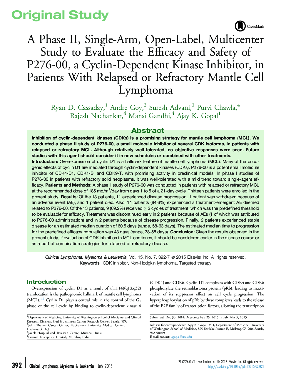 A Phase II, Single-Arm, Open-Label, Multicenter Study to Evaluate the Efficacy and Safety of P276-00, a Cyclin-Dependent Kinase Inhibitor, in Patients With Relapsed or Refractory Mantle Cell Lymphoma