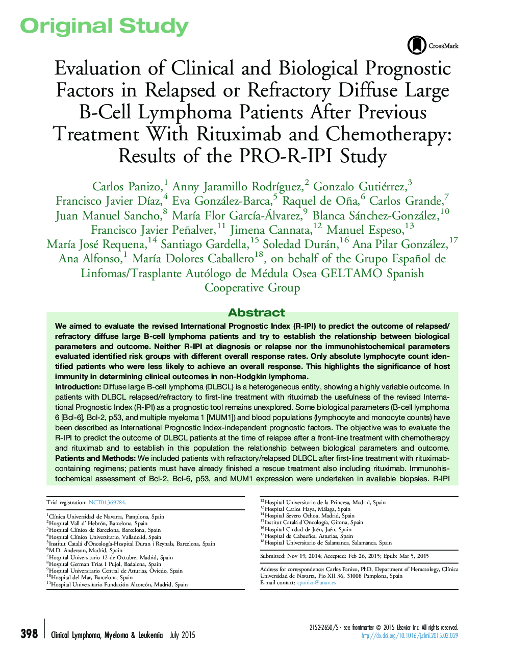 Evaluation of Clinical and Biological Prognostic Factors in Relapsed or Refractory Diffuse Large B-Cell Lymphoma Patients After Previous Treatment With Rituximab and Chemotherapy: Results of the PRO-R-IPI Study 