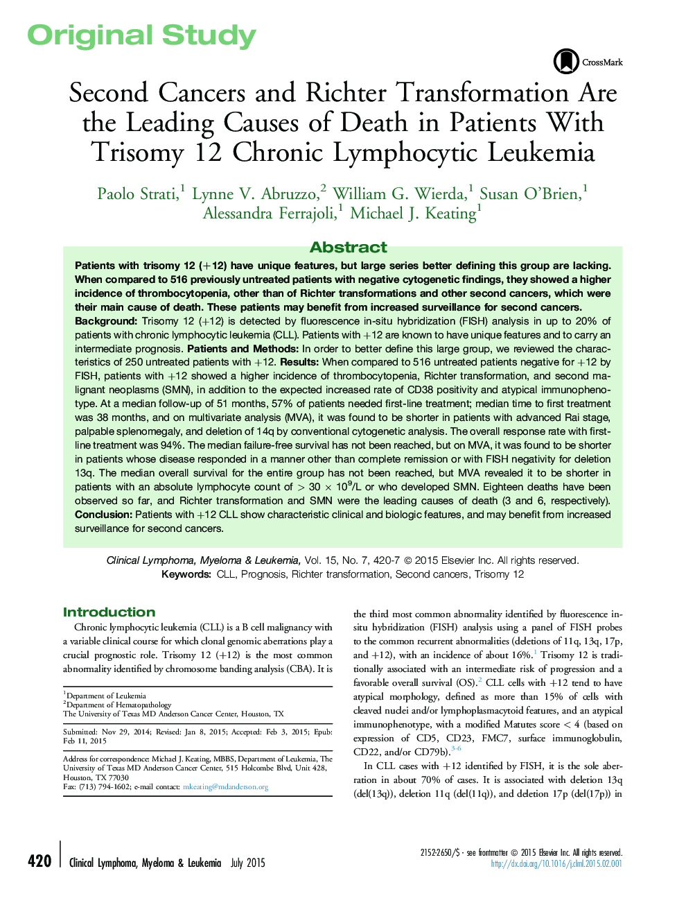 Second Cancers and Richter Transformation Are the Leading Causes of Death in Patients With Trisomy 12 Chronic Lymphocytic Leukemia