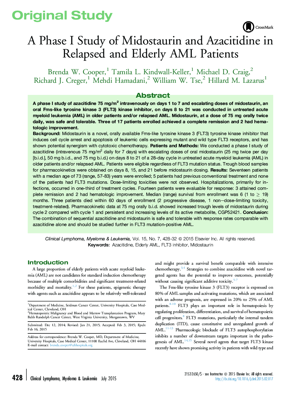 A Phase I Study of Midostaurin and Azacitidine in Relapsed and Elderly AML Patients