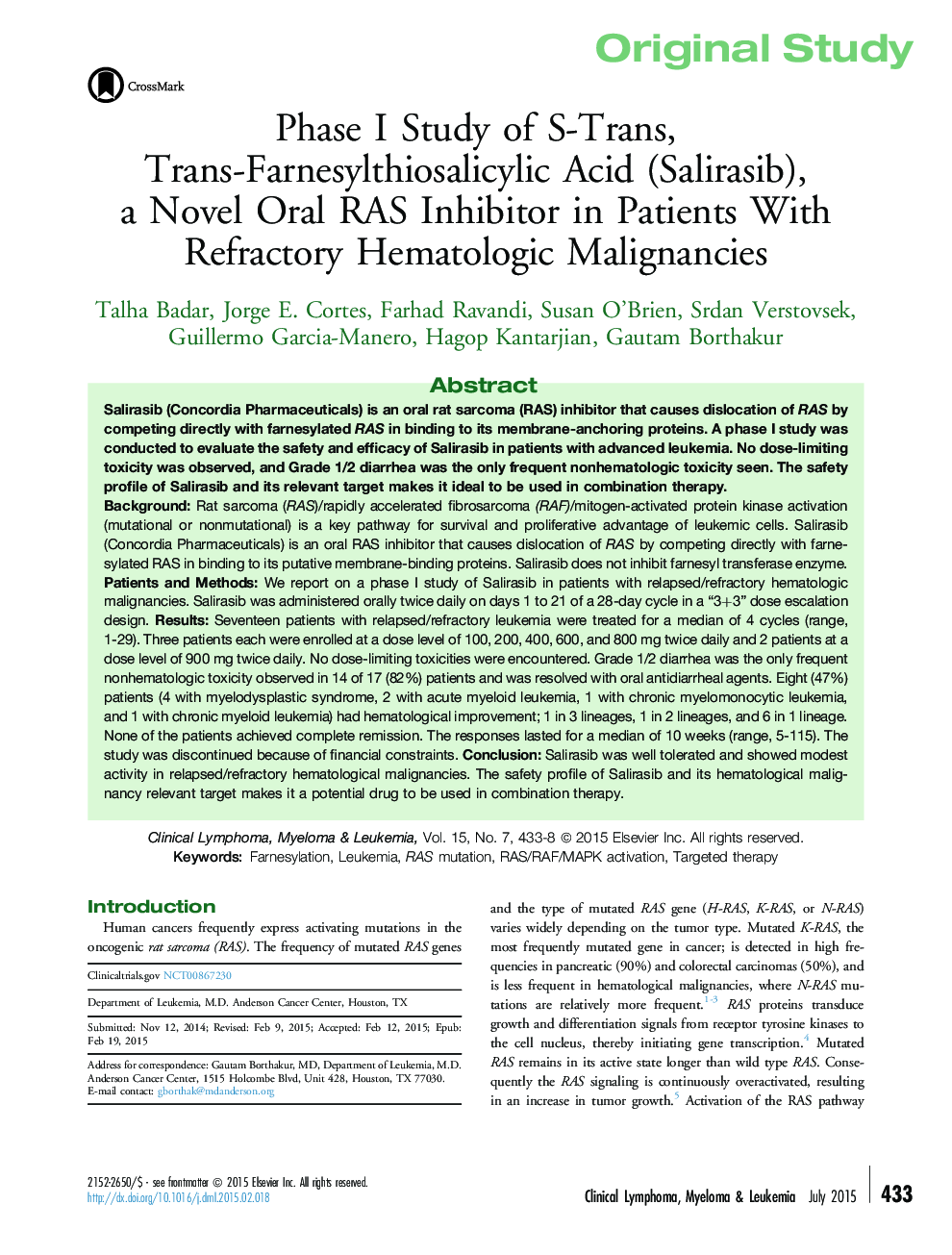 Phase I Study of S-Trans, Trans-Farnesylthiosalicylic Acid (Salirasib), a Novel Oral RAS Inhibitor in Patients With Refractory Hematologic Malignancies