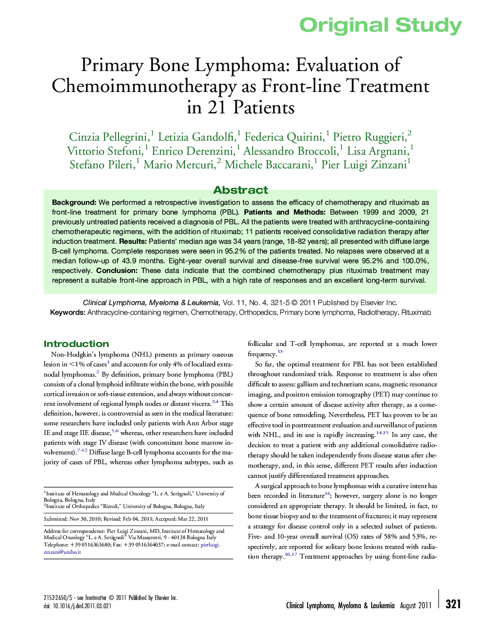 Primary Bone Lymphoma: Evaluation of Chemoimmunotherapy as Front-line Treatment in 21 Patients