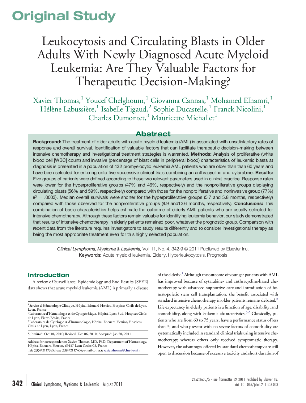 Leukocytosis and Circulating Blasts in Older Adults With Newly Diagnosed Acute Myeloid Leukemia: Are They Valuable Factors for Therapeutic Decision-Making?