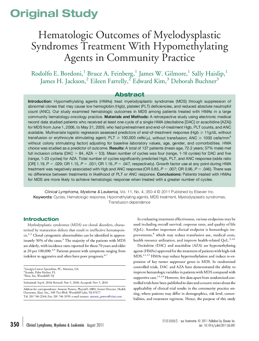 Hematologic Outcomes of Myelodysplastic Syndromes Treatment With Hypomethylating Agents in Community Practice 