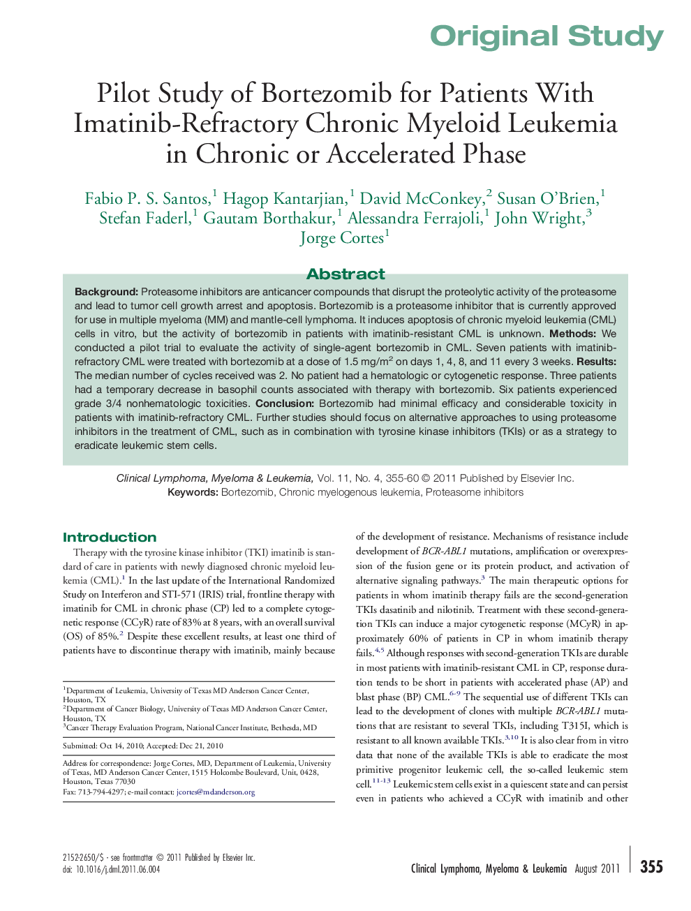 Pilot Study of Bortezomib for Patients With Imatinib-Refractory Chronic Myeloid Leukemia in Chronic or Accelerated Phase