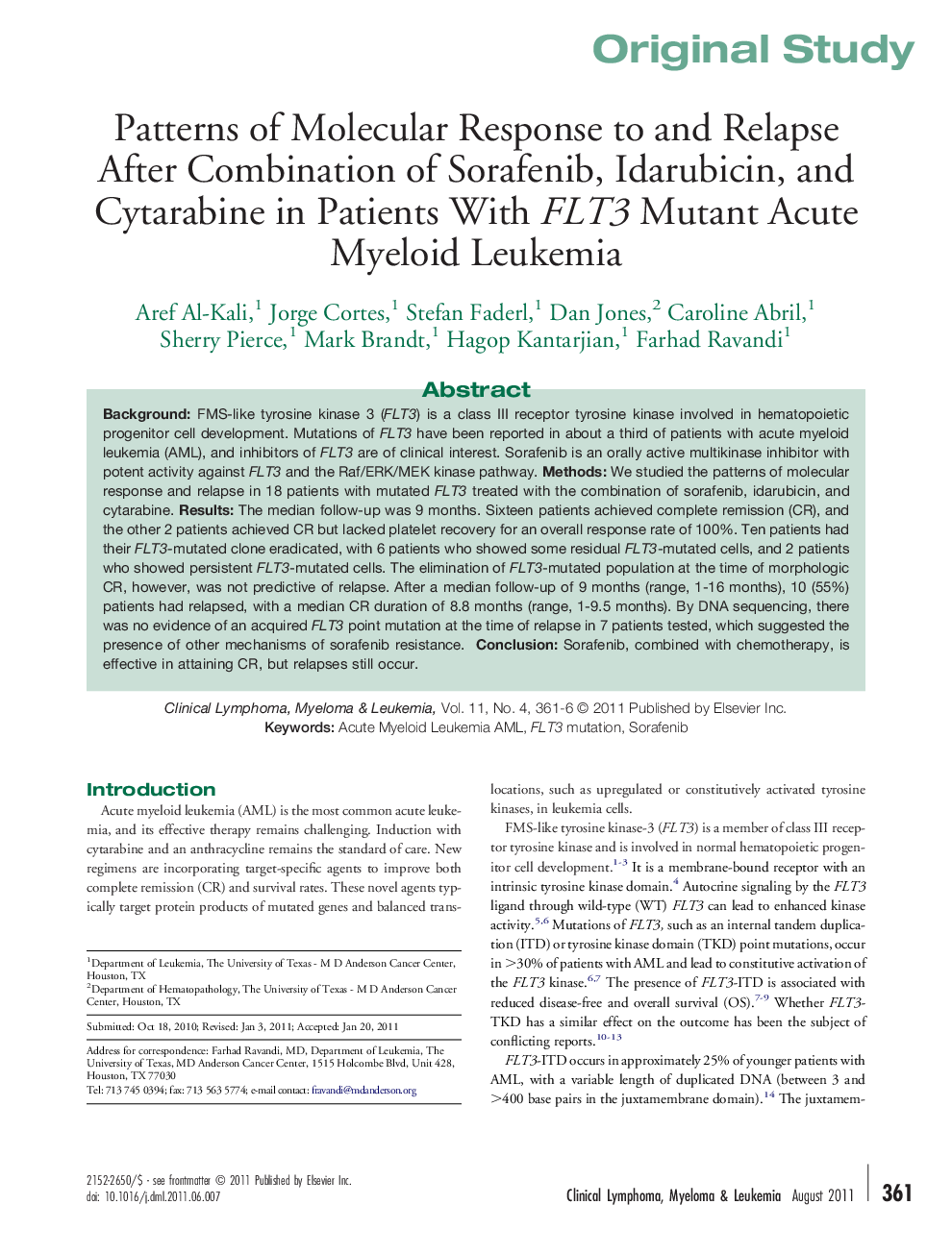 Patterns of Molecular Response to and Relapse After Combination of Sorafenib, Idarubicin, and Cytarabine in Patients With FLT3 Mutant Acute Myeloid Leukemia