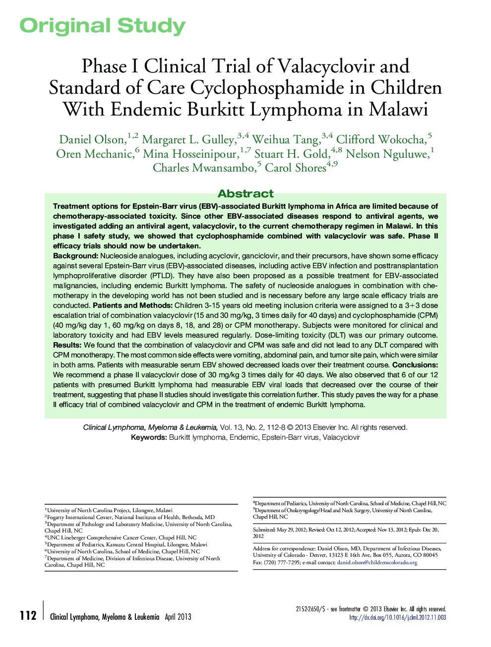 Phase I Clinical Trial of Valacyclovir and Standard of Care Cyclophosphamide in Children With Endemic Burkitt Lymphoma in Malawi