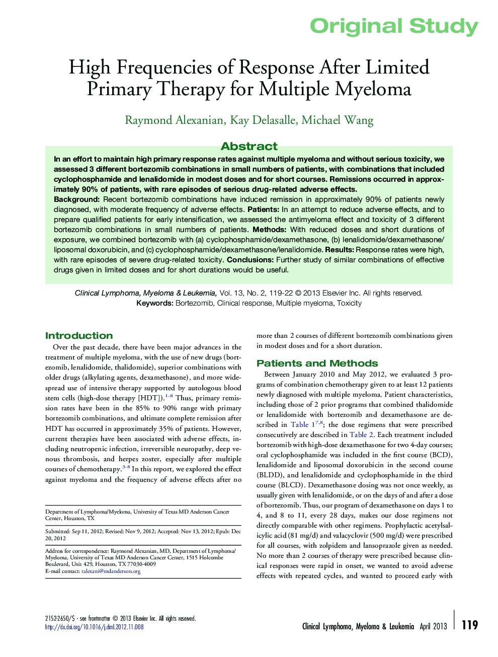 High Frequencies of Response After Limited Primary Therapy for Multiple Myeloma