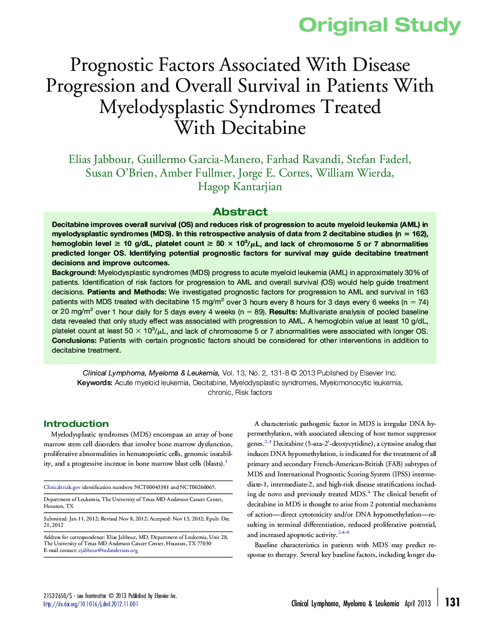 Prognostic Factors Associated With Disease Progression and Overall Survival in Patients With Myelodysplastic Syndromes Treated With Decitabine 