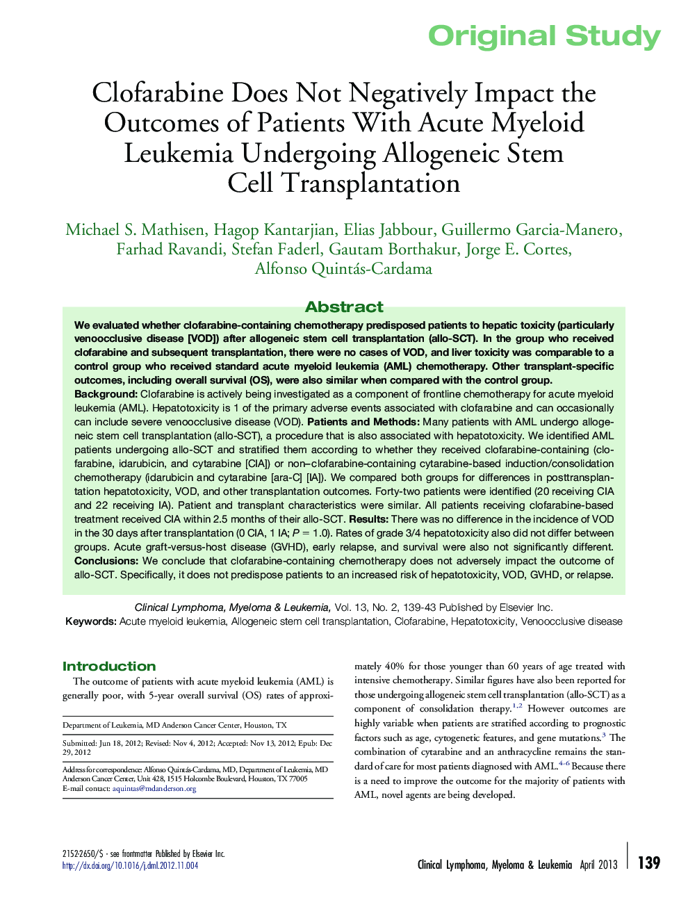 Clofarabine Does Not Negatively Impact the Outcomes of Patients With Acute Myeloid Leukemia Undergoing Allogeneic Stem Cell Transplantation