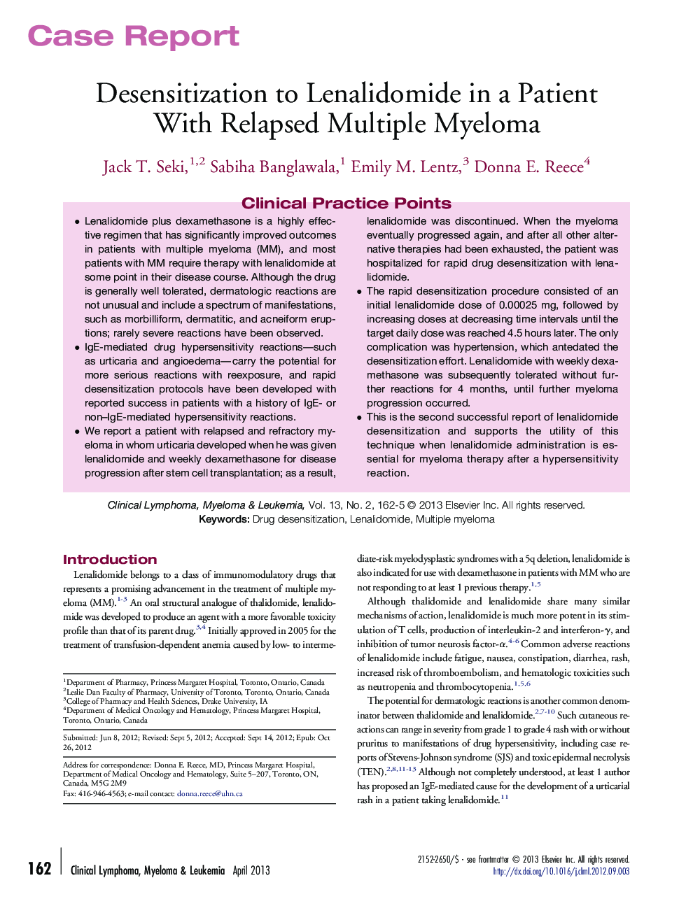 Desensitization to Lenalidomide in a Patient With Relapsed Multiple Myeloma