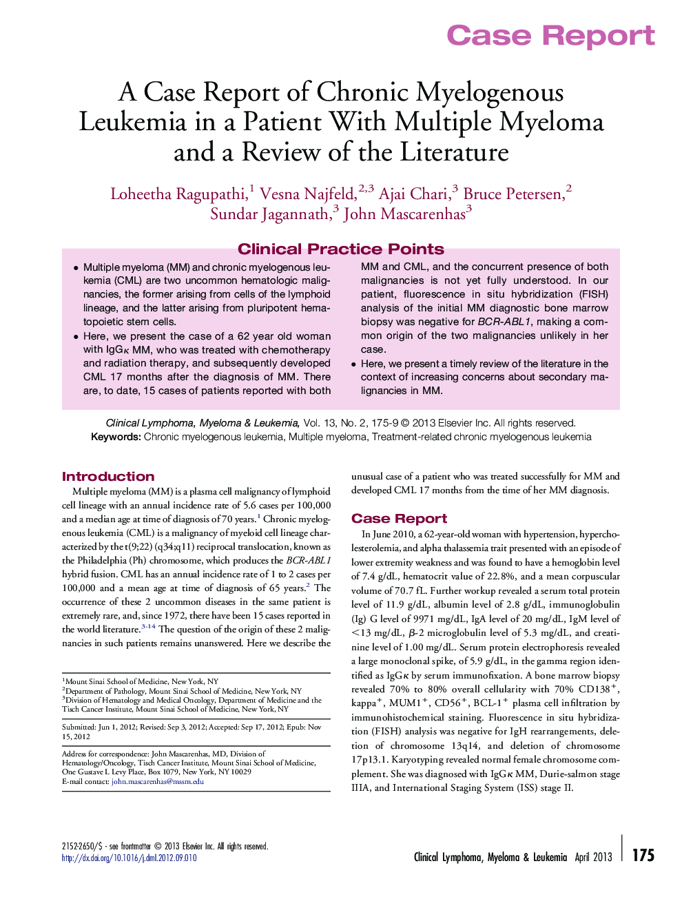 A Case Report of Chronic Myelogenous Leukemia in a Patient With Multiple Myeloma and a Review of the Literature