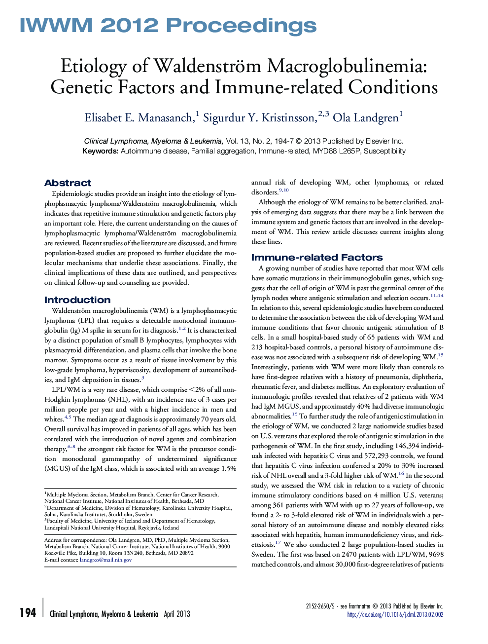 Etiology of Waldenström Macroglobulinemia: Genetic Factors and Immune-related Conditions