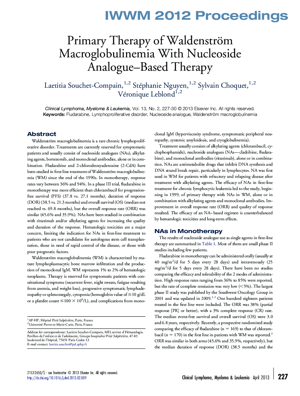 Primary Therapy of Waldenström Macroglobulinemia With Nucleoside Analogue–Based Therapy