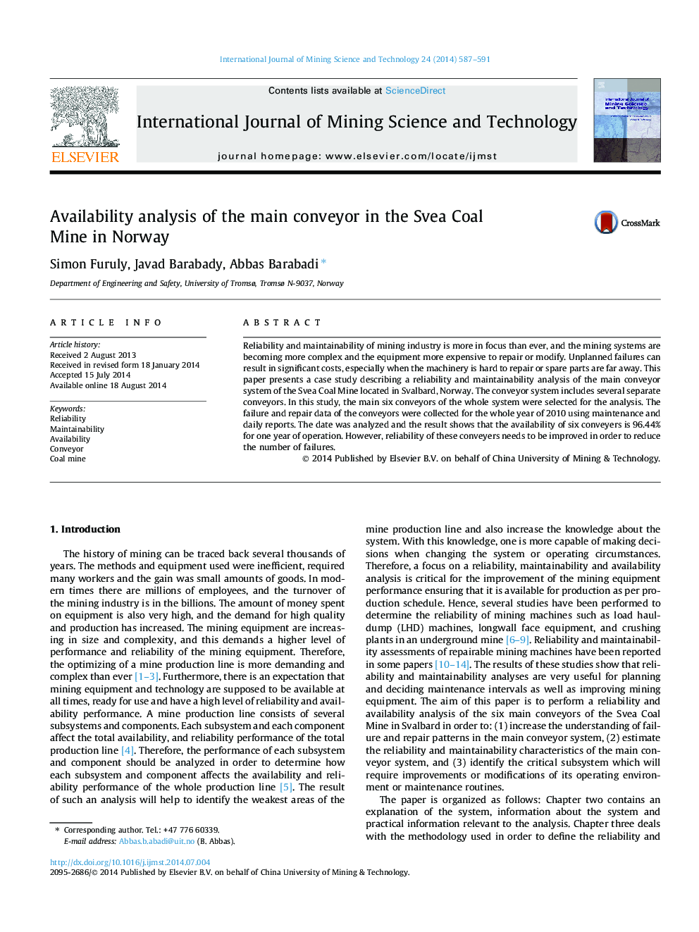 Availability analysis of the main conveyor in the Svea Coal Mine in Norway