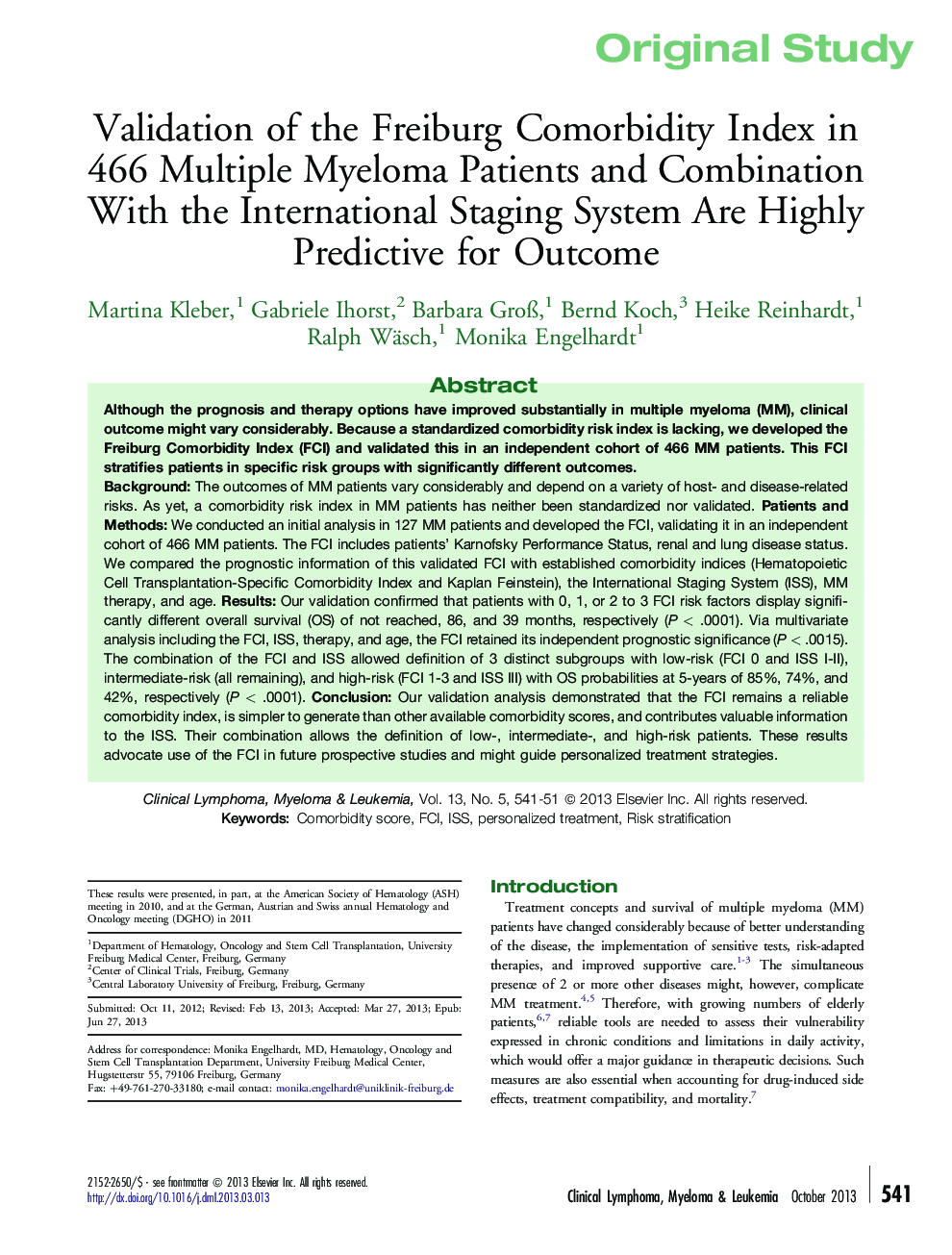 Validation of the Freiburg Comorbidity Index in 466 Multiple Myeloma Patients and Combination With the International Staging System Are Highly Predictive for Outcome