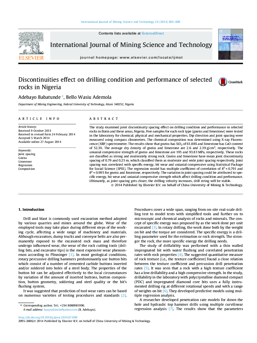 Discontinuities effect on drilling condition and performance of selected rocks in Nigeria