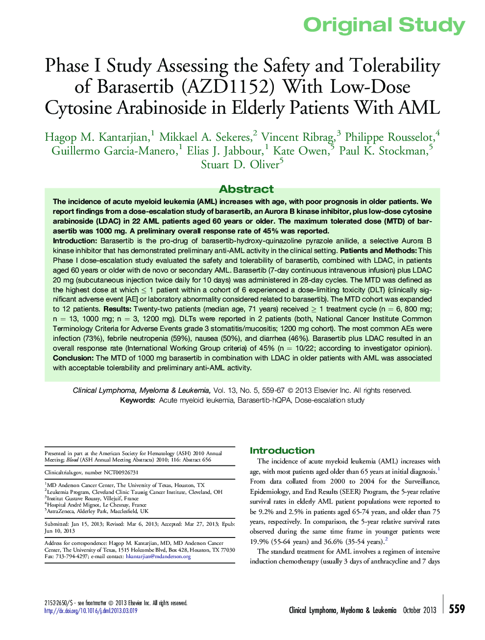 Phase I Study Assessing the Safety and Tolerability of Barasertib (AZD1152) With Low-Dose Cytosine Arabinoside in Elderly Patients With AML 