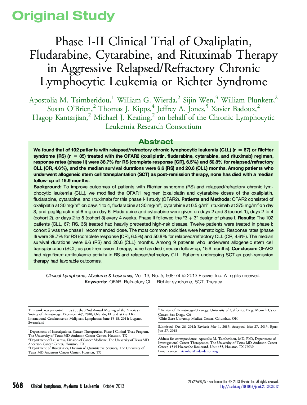 Phase I-II Clinical Trial of Oxaliplatin, Fludarabine, Cytarabine, and Rituximab Therapy in Aggressive Relapsed/Refractory Chronic Lymphocytic Leukemia or Richter Syndrome