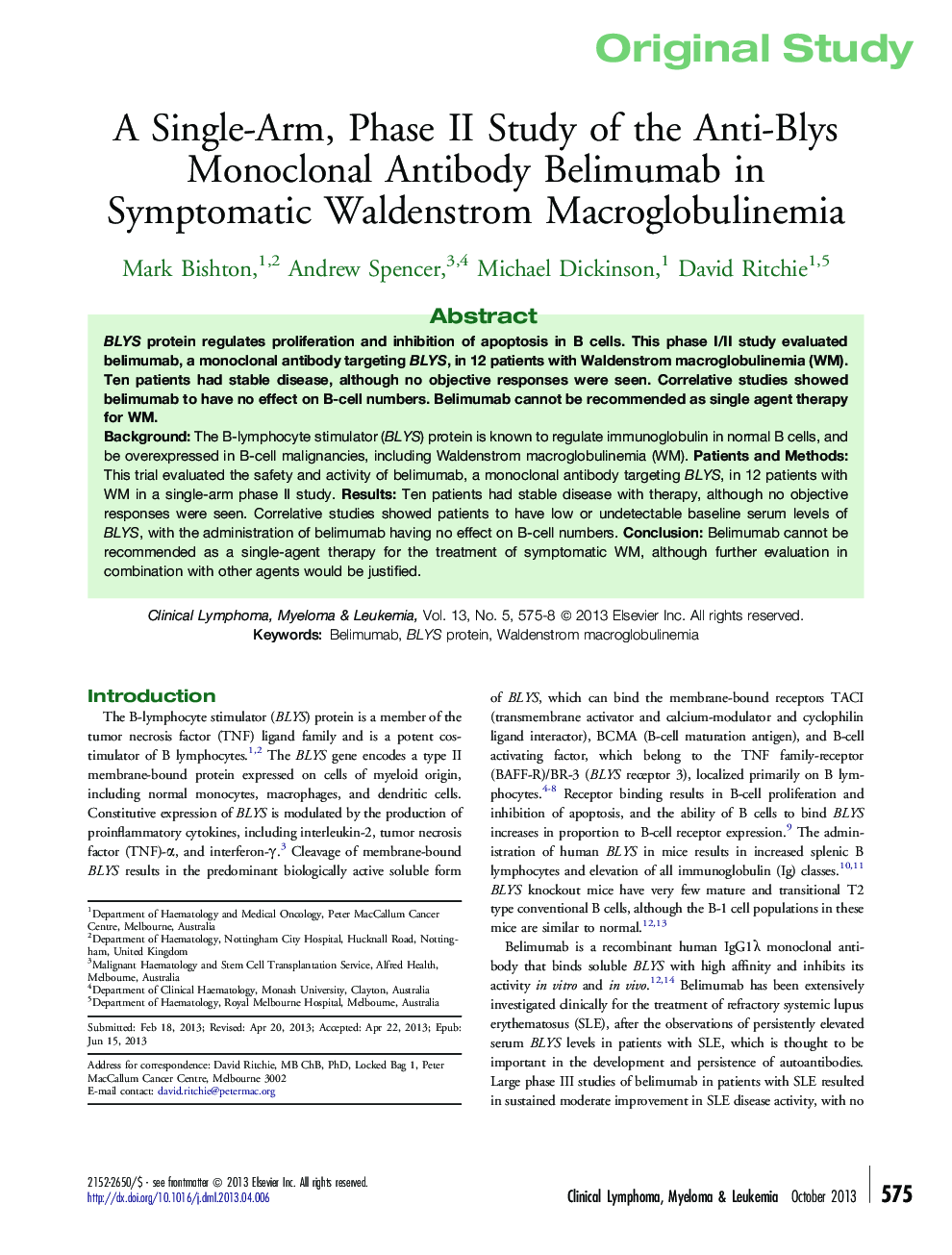 A Single-Arm, Phase II Study of the Anti-Blys Monoclonal Antibody Belimumab in Symptomatic Waldenstrom Macroglobulinemia