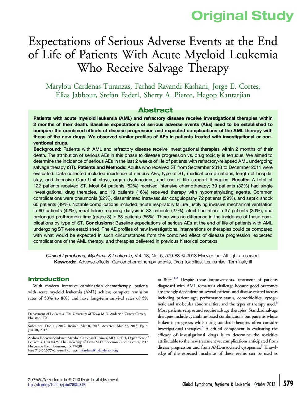 Expectations of Serious Adverse Events at the End of Life of Patients With Acute Myeloid Leukemia Who Receive Salvage Therapy