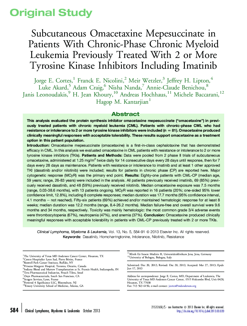 Subcutaneous Omacetaxine Mepesuccinate in Patients With Chronic-Phase Chronic Myeloid Leukemia Previously Treated With 2 or More Tyrosine Kinase Inhibitors Including Imatinib