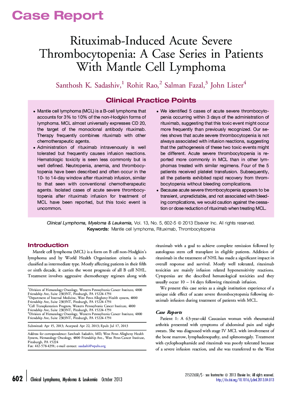 Rituximab-Induced Acute Severe Thrombocytopenia: A Case Series in Patients With Mantle Cell Lymphoma