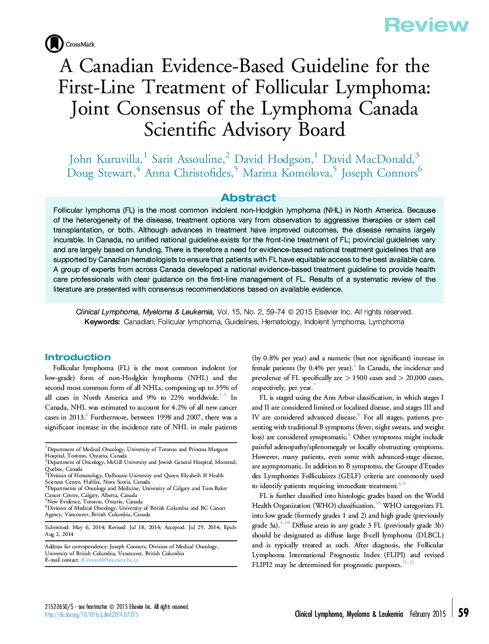 A Canadian Evidence-Based Guideline for the First-Line Treatment of Follicular Lymphoma: Joint Consensus of the Lymphoma Canada Scientific Advisory Board