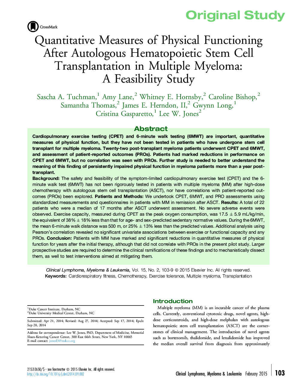 Quantitative Measures of Physical Functioning After Autologous Hematopoietic Stem Cell Transplantation in Multiple Myeloma: A Feasibility Study